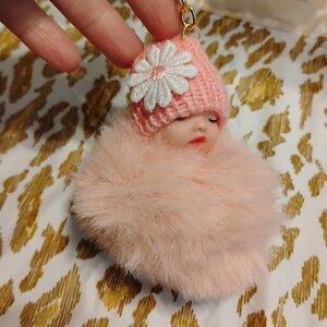 Sweet, Soft, Cute, Pink Fluffy Pom Pom Sleeping Baby Bag Charm/Keychain